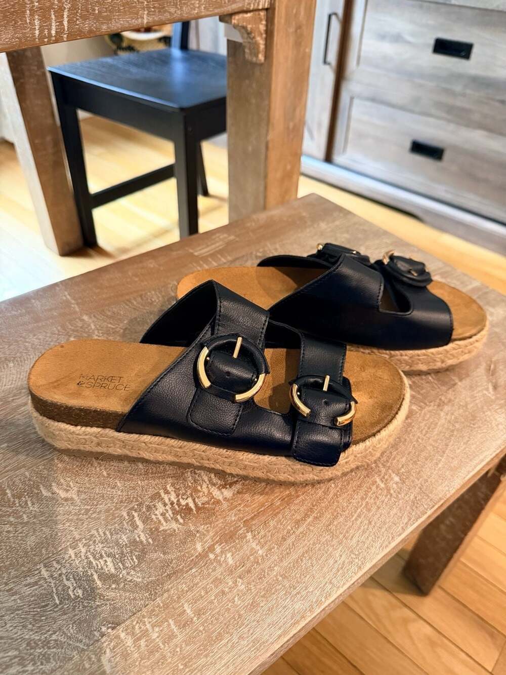 Market & Spruce Black Double Buckle Espadrille Sandals Size 7 - Picture 2 of 5